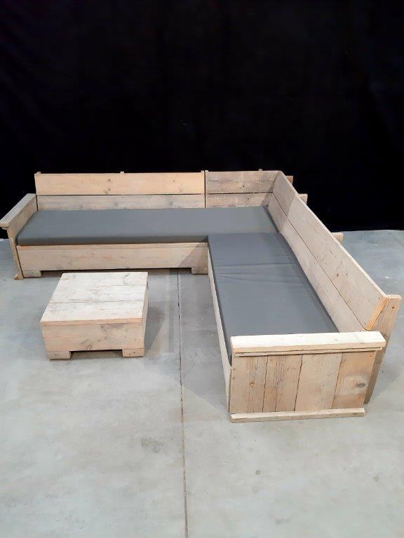 Beer pakket Potentieel Loungebank steigerhout hoek 250x250 incl. kussen en salontafeltje -  Versleijen Party & Event Support